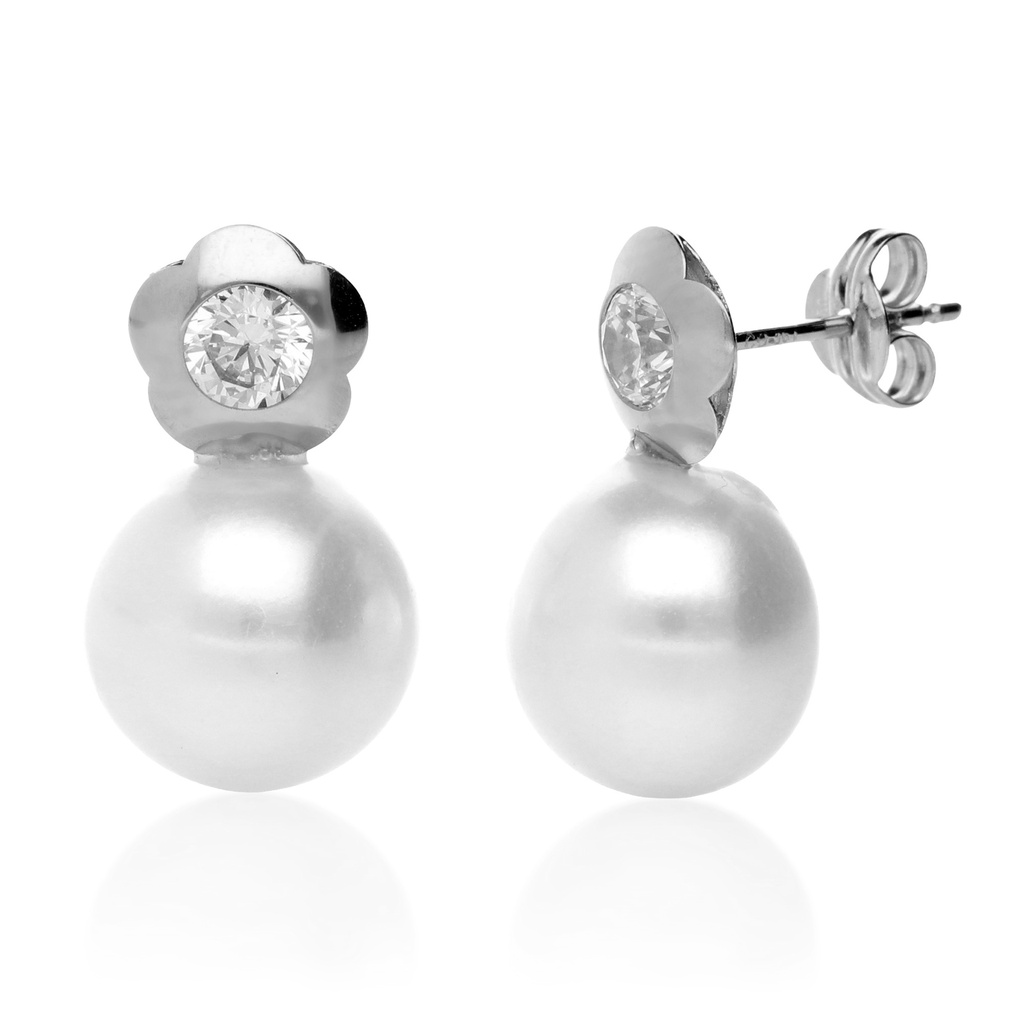 Pendientes Presión Perla Flor Oro Blanco