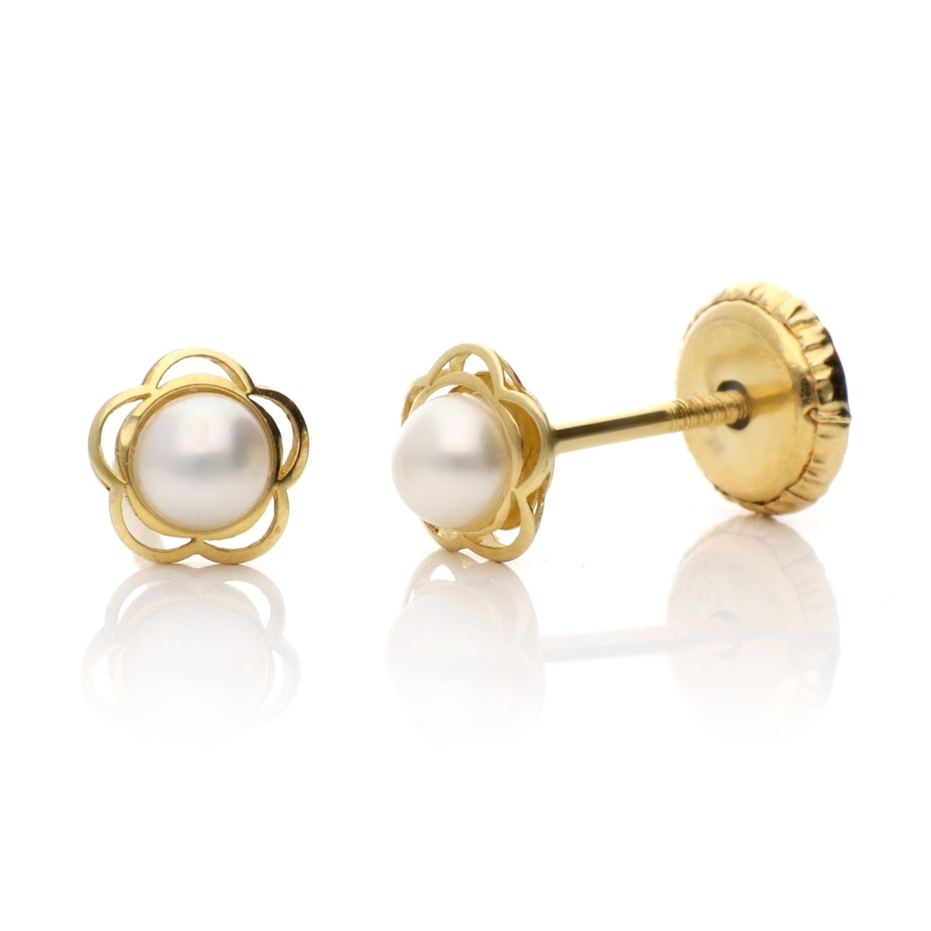 Pendientes Tuerca Flor Calada Perla