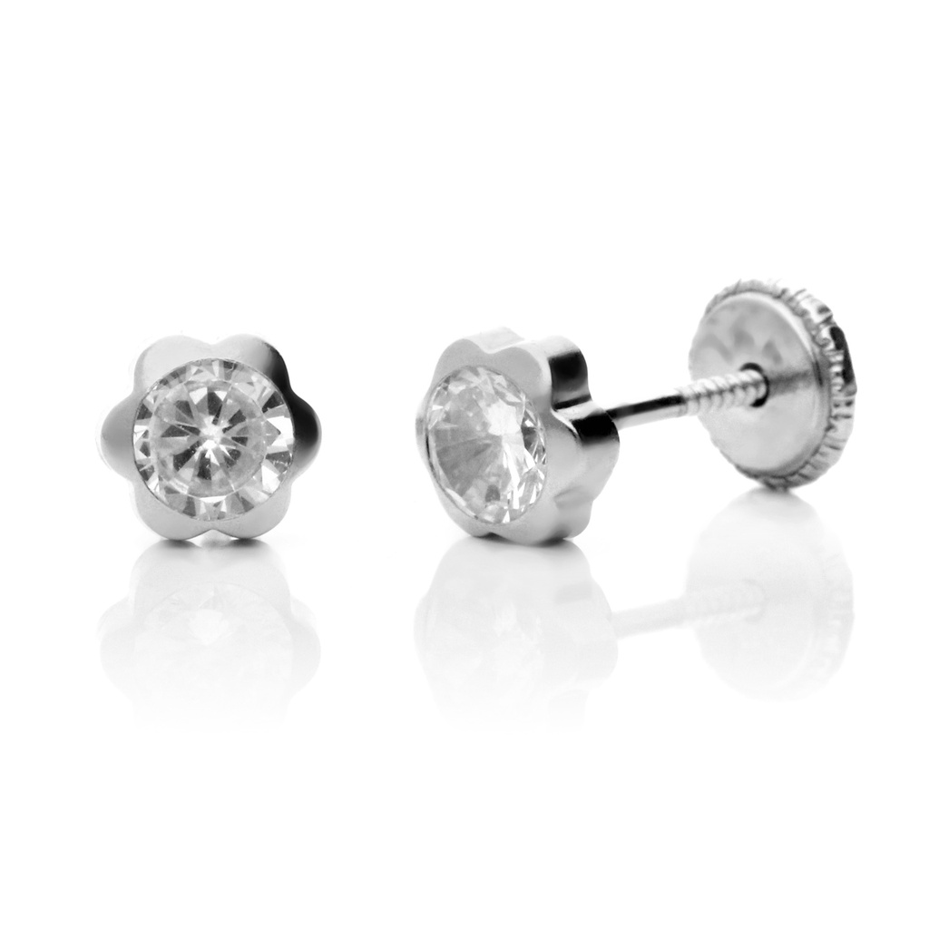 Pendientes Tuerca Chatón Flor Oro Blanco