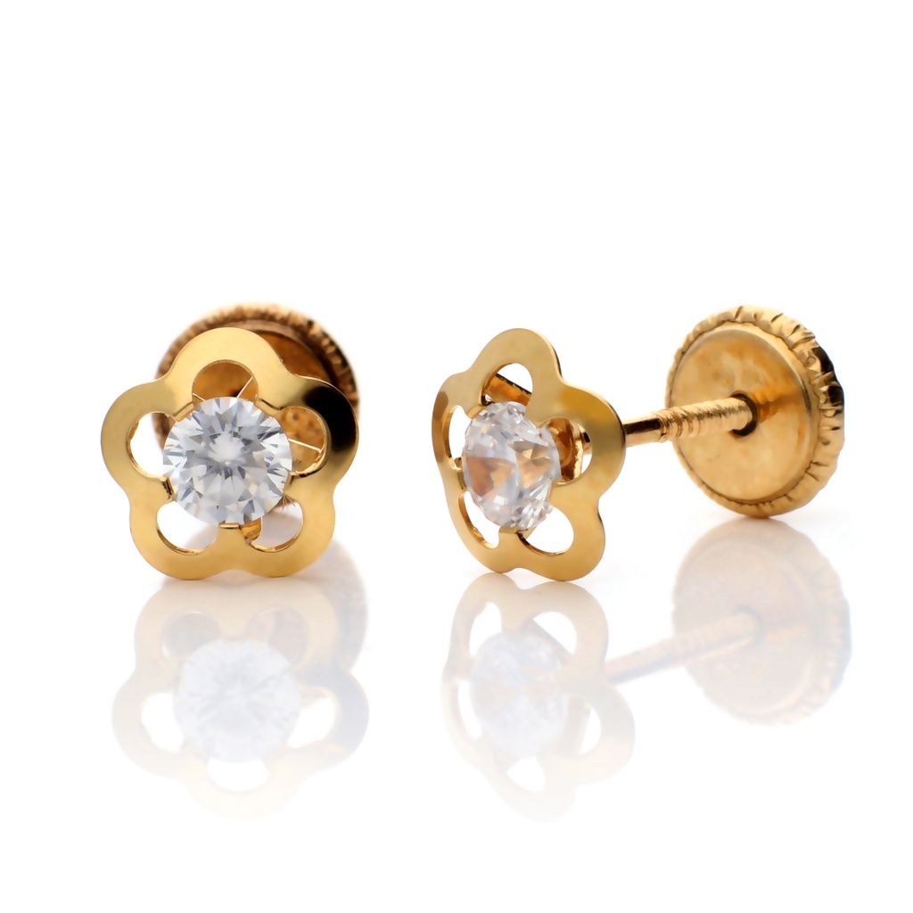 Pendientes Tuerca Flor Circonita Oro Amarillo