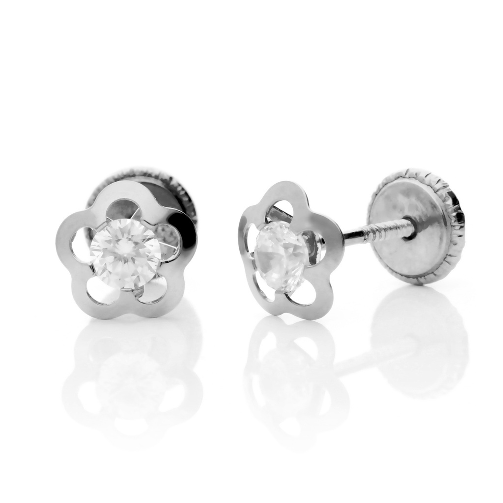 Pendientes Tuerca Flor Circonita Oro Blanco