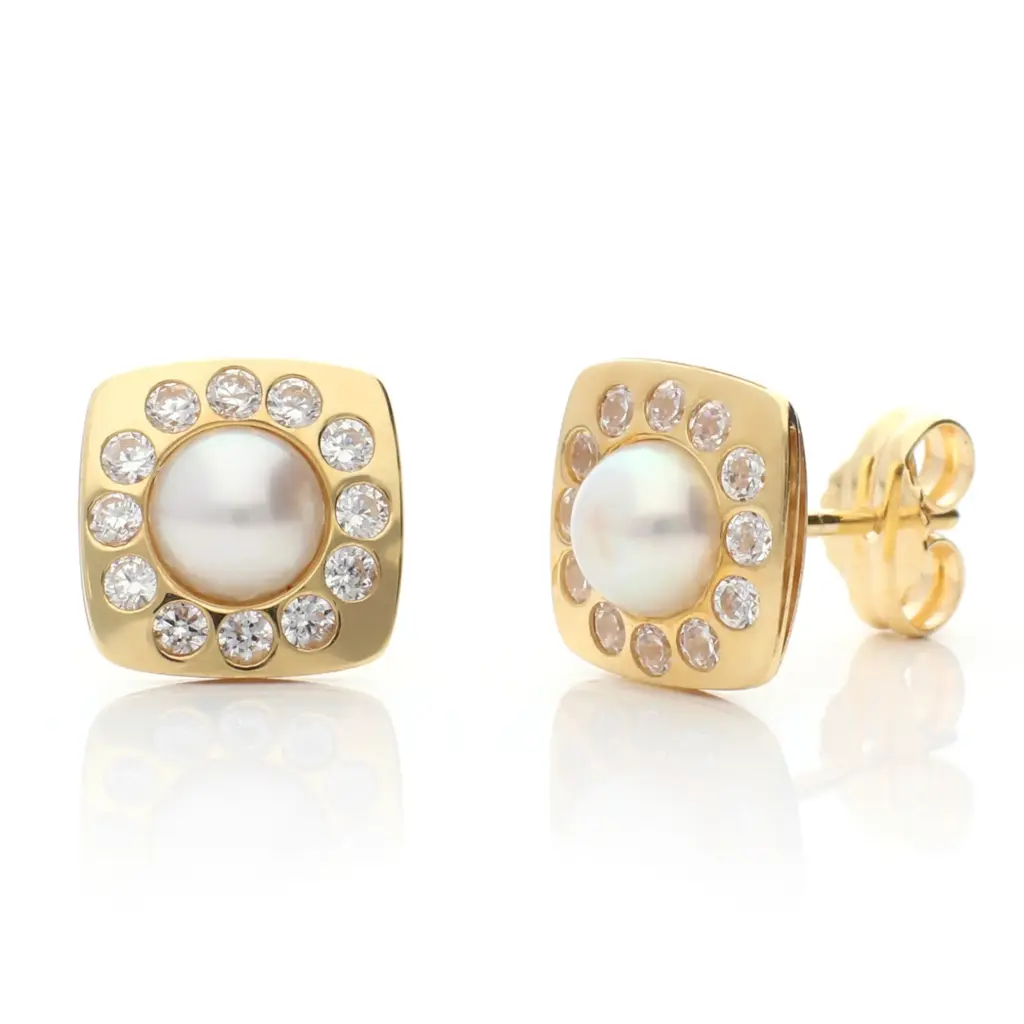 Pendientes Presión Cuadrados Perla Oro Amarillo