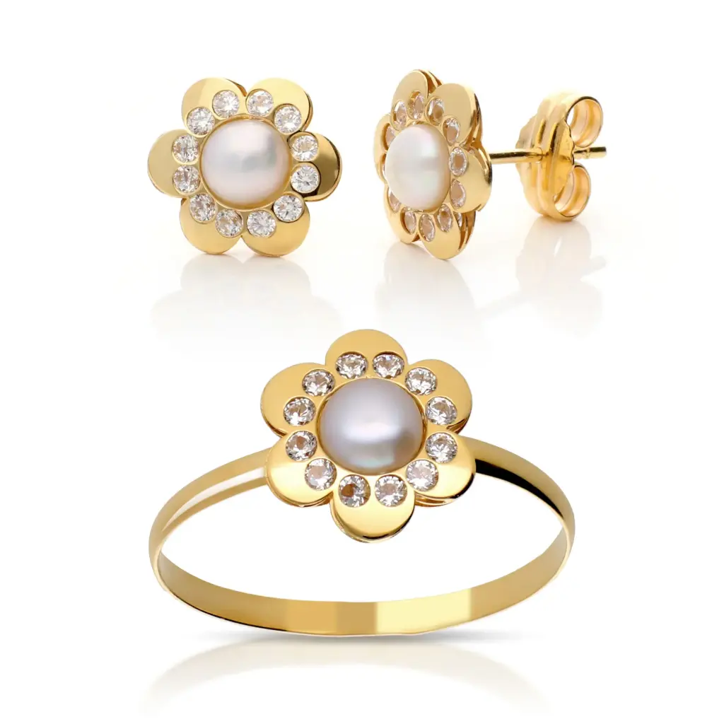 Juego Presión Flor Perla Oro Amarillo 