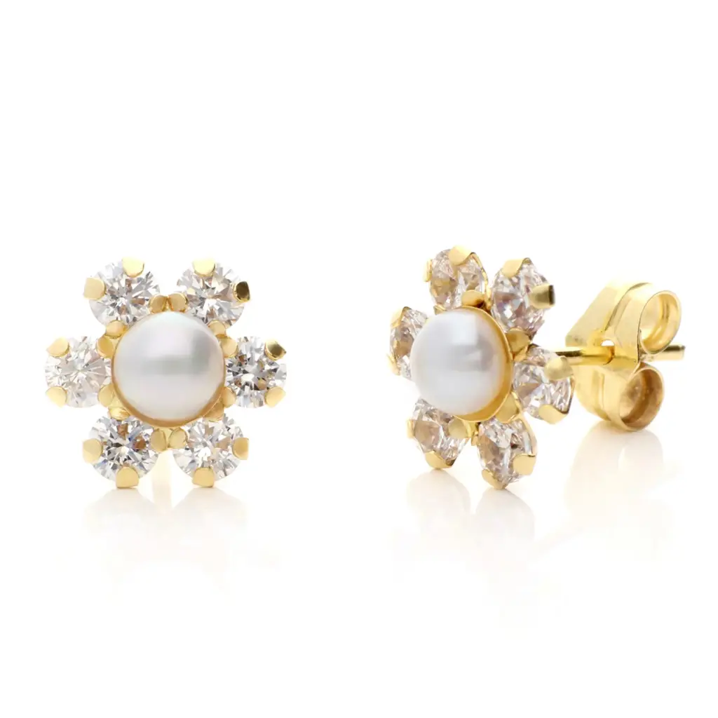 Pendientes Presión Flor Perla Circonitas