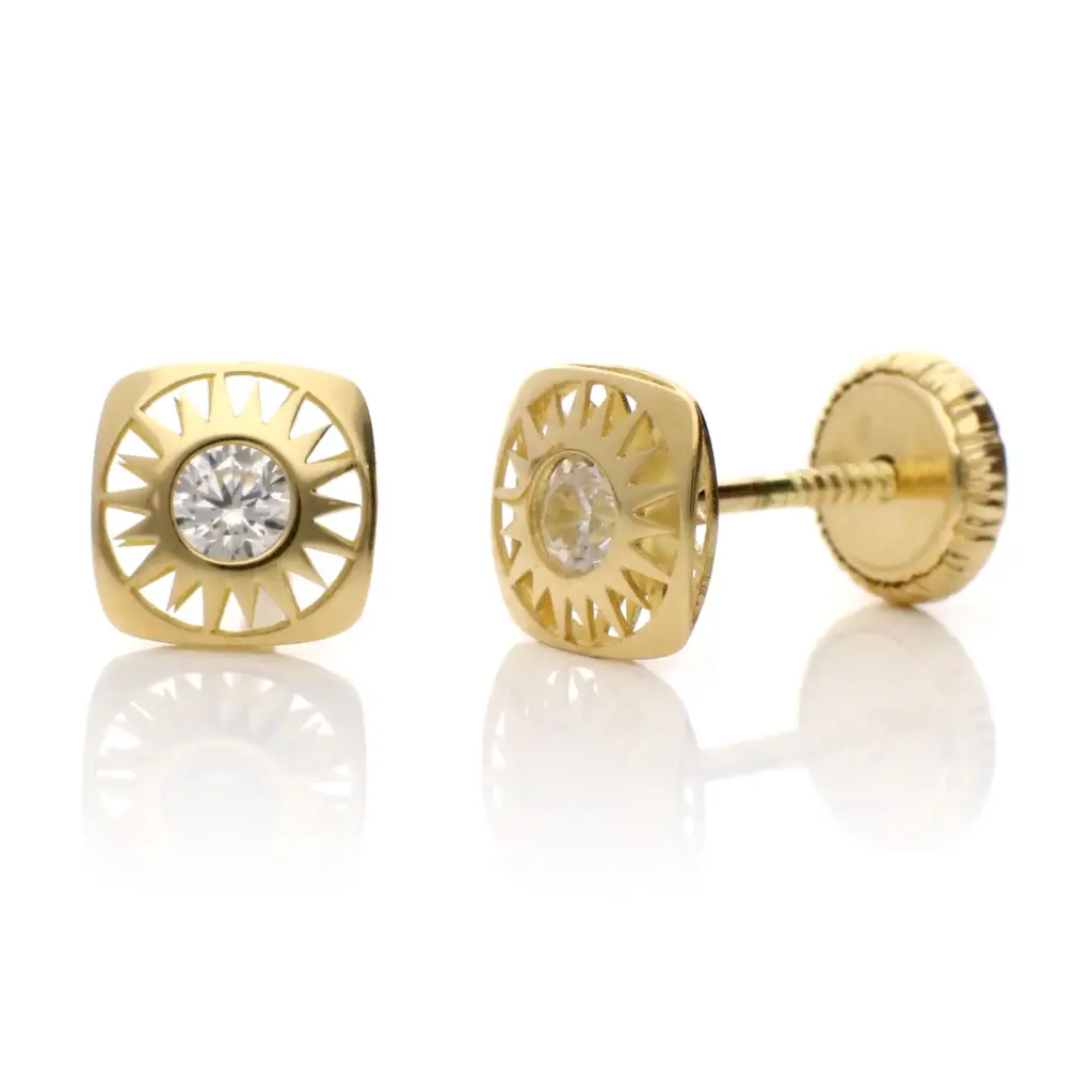 Pendientes Tuerca Cuadrado Circonita Oro Amarillo