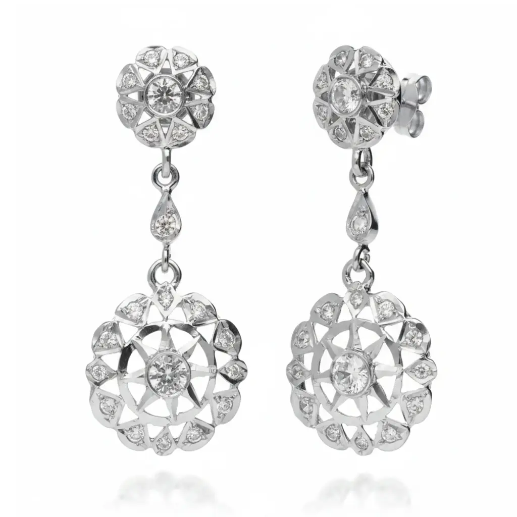 Pendientes Presión Largos Rosetas Oro Blanco