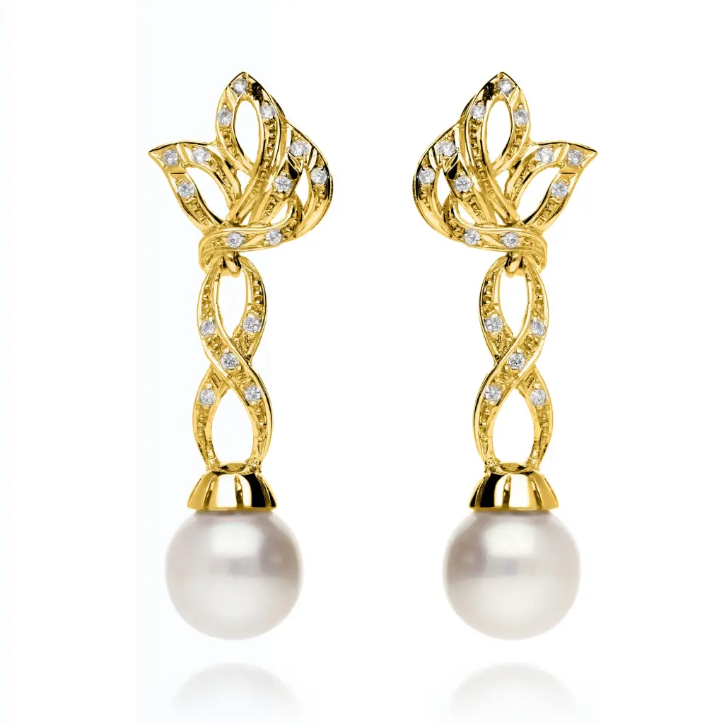 Pendientes Omega Largos con Perla Oro Amarillo