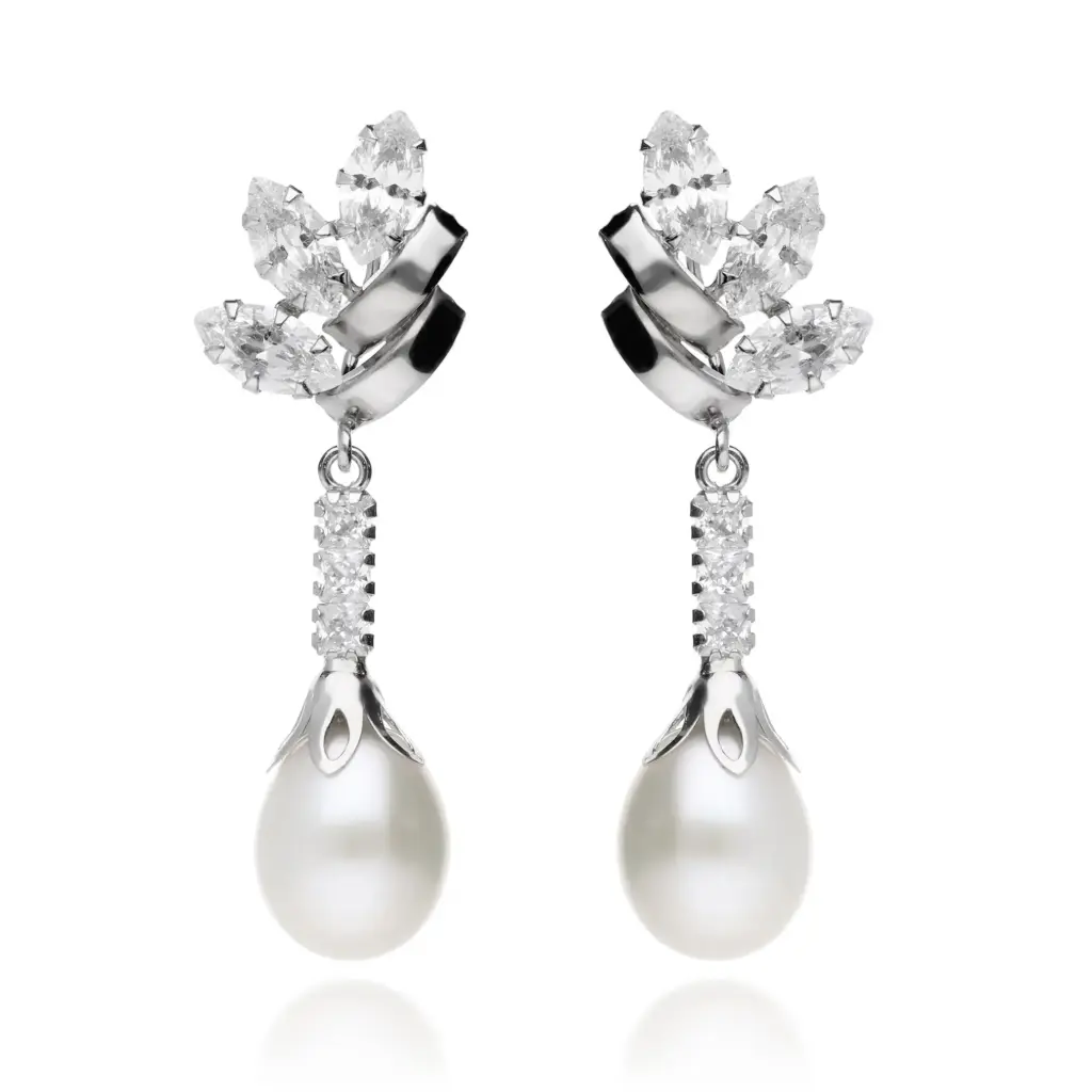 Pendientes Presión Perla Largos Oro Blanco