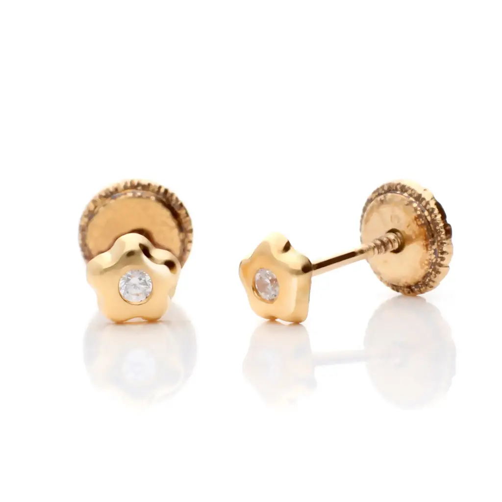 Pendientes Tuerca Flor con Circonita Oro Amarillo