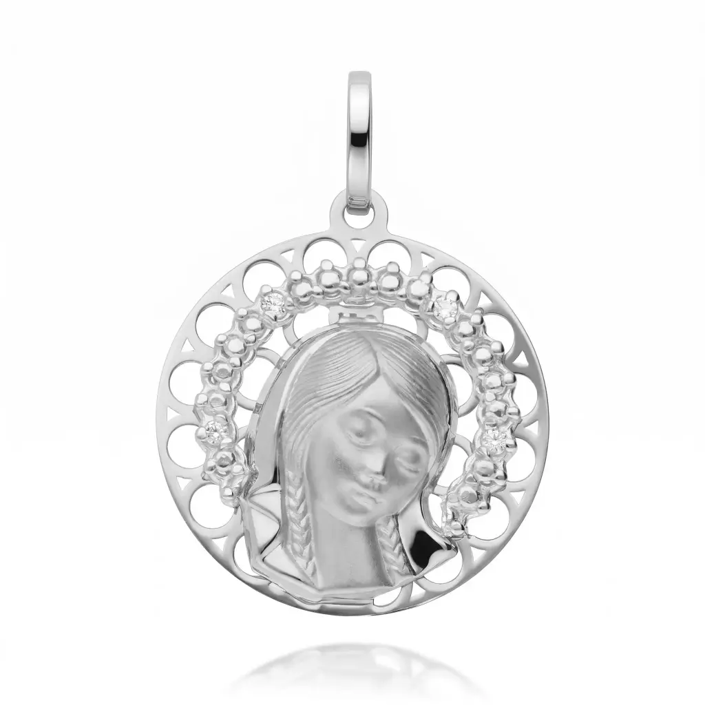 Medalla Virgen Niña Redonda Calada con Circonitas Oro Blanco