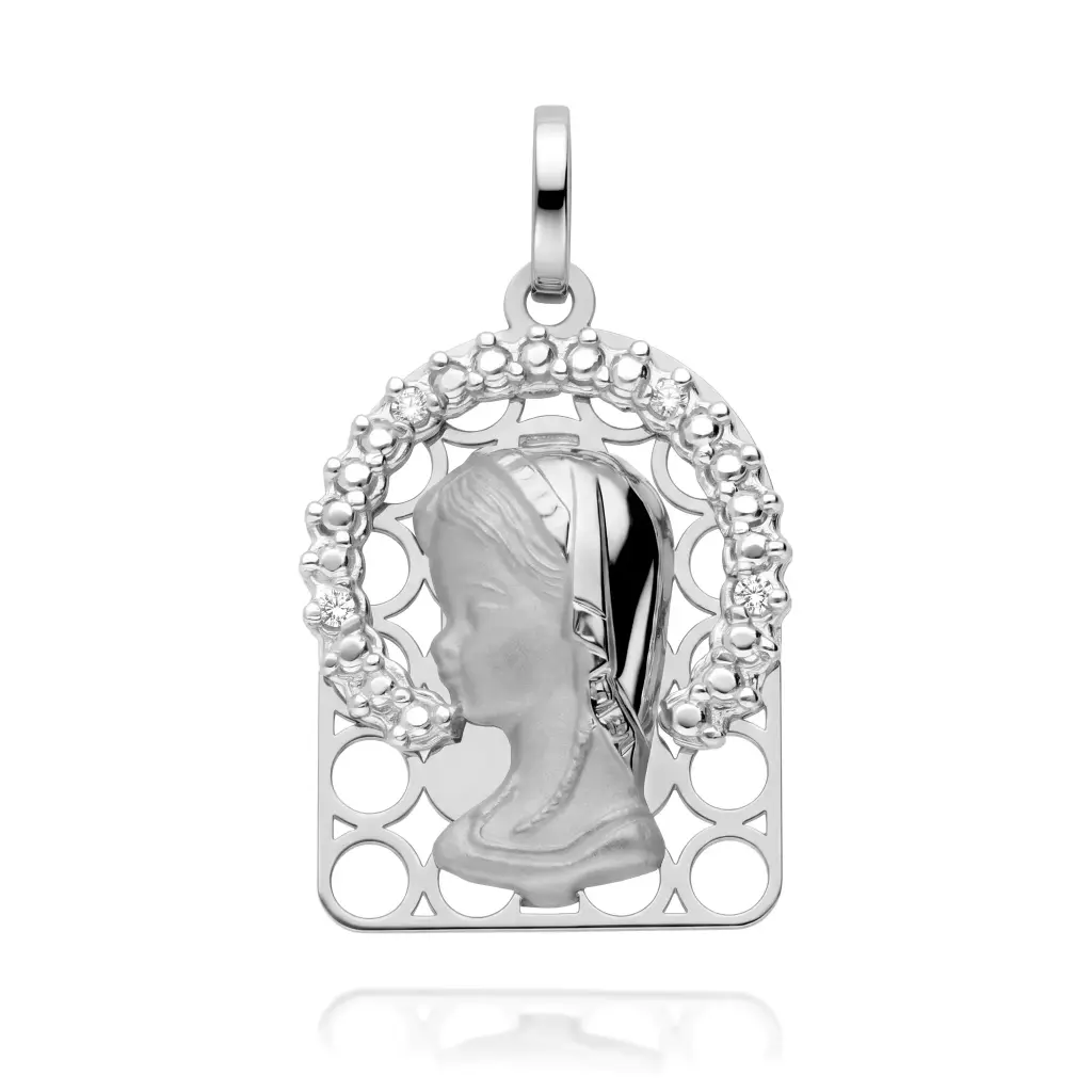 Medalla Virgen Niña con Circonitas Oro Blanco