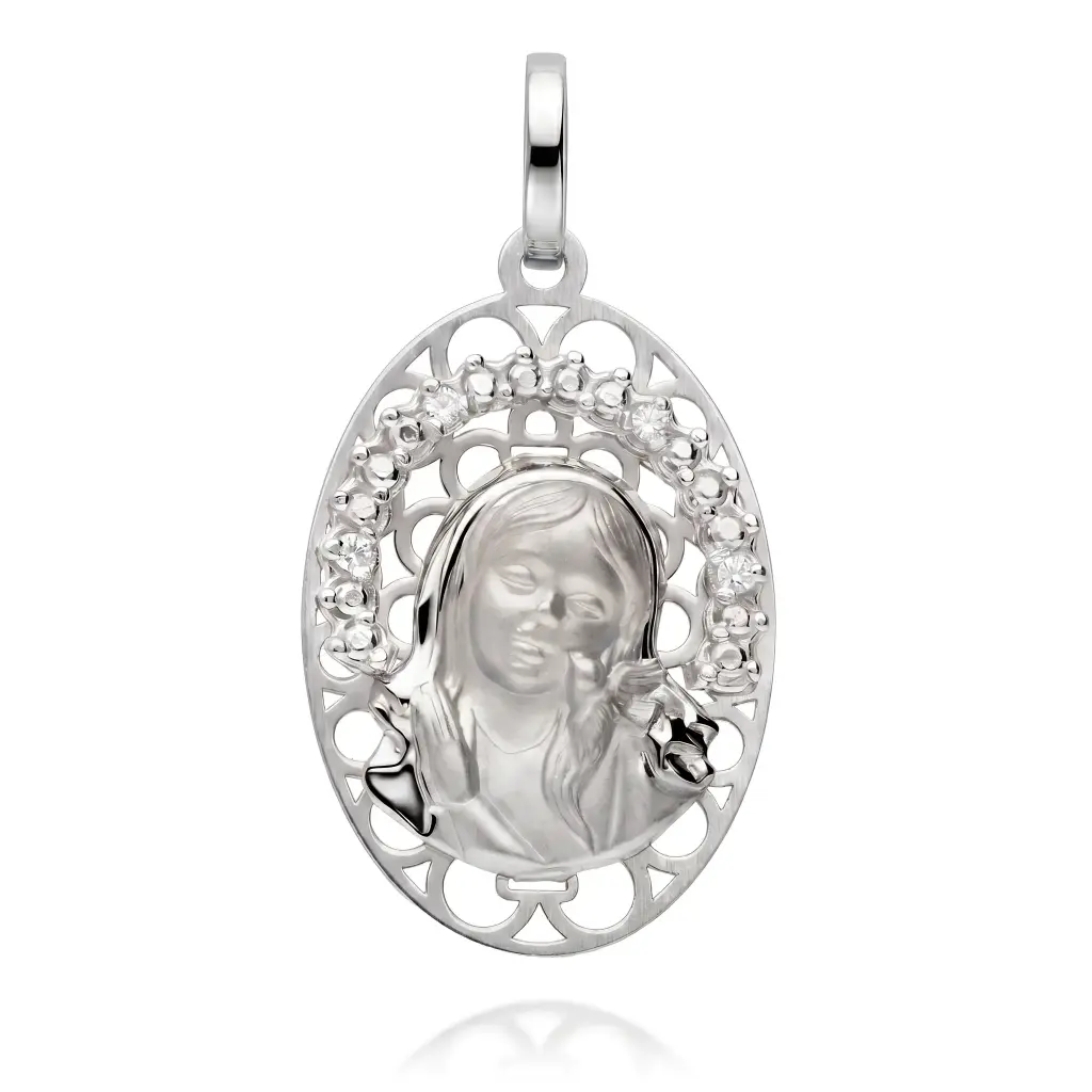 Medalla Virgen Niña Oval Calada con Circonitas Oro Blanco