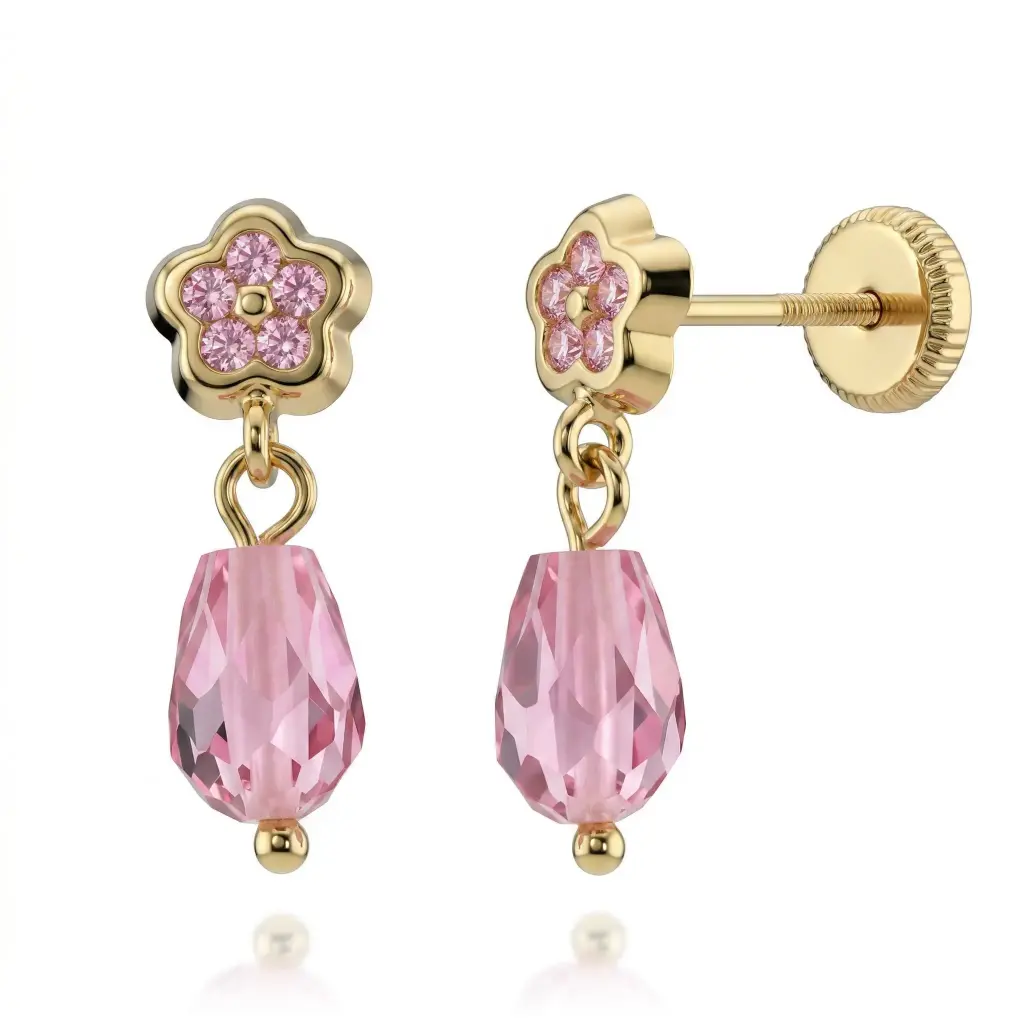 Pendientes Tuerca Flor con Lágrima Rosa