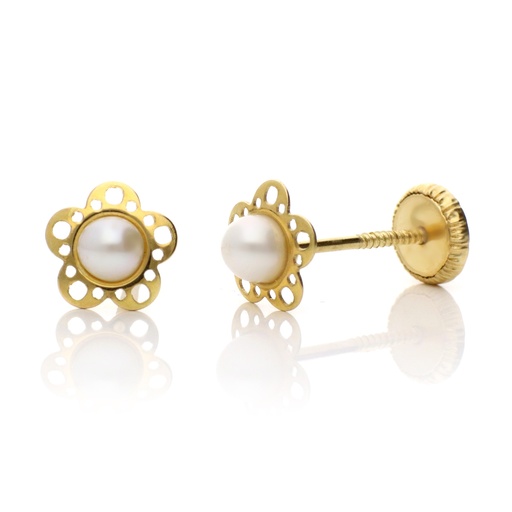 [7974] Pendientes Tuerca Flor Calada Perla