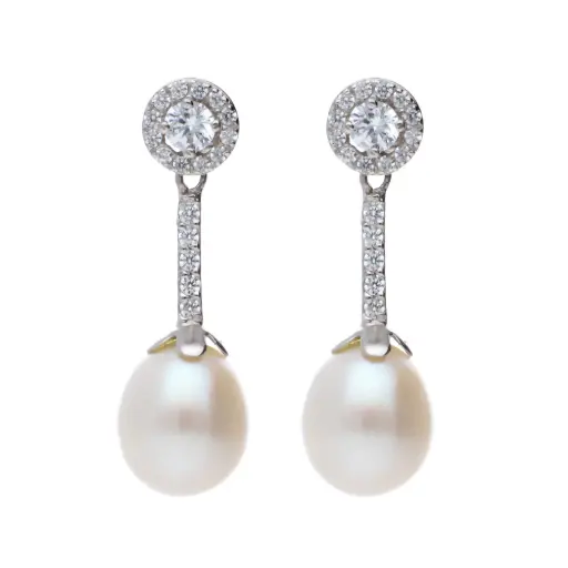 [8408 OBL] Pendientes Presión Perla Largos Oro Blanco