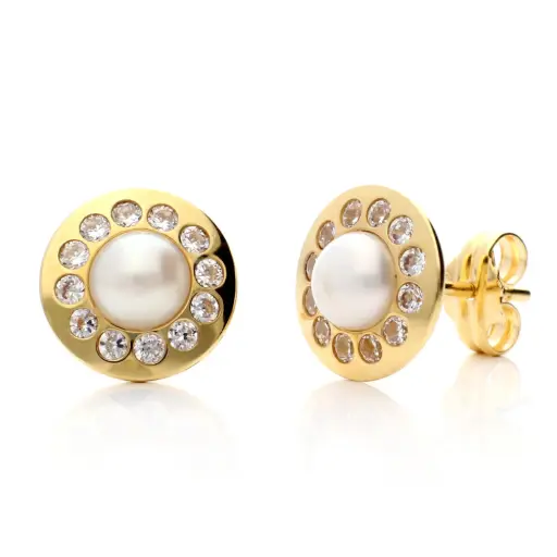 [4011p OA] Pendientes Presión Redondos Perla Oro Amarillo