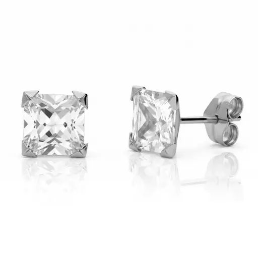 [BECK OBL] Pendientes Presión Circonita Cuadrada 4 Garras Oro Blanco