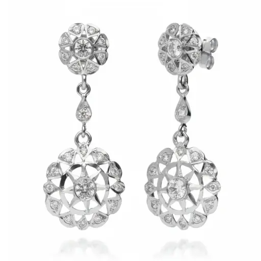 [7905 OBL] Pendientes Presión Largos Rosetas Oro Blanco