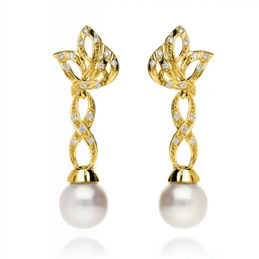 [7432 OA] Pendientes Omega Largos con Perla Oro Amarillo