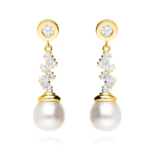 [7677p OA] Pendientes Presión Largos con Perla Oro Amarillo