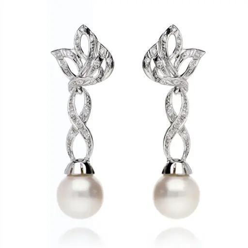 [7432 OBL] Pendientes Omega Largos con Perla Oro Blanco