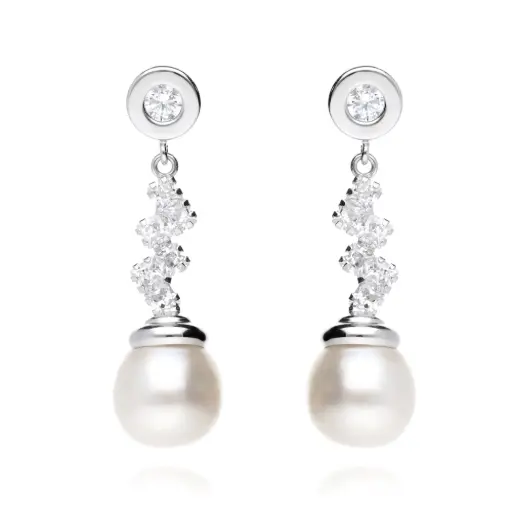 [7677p OBL] Pendientes Presión Largos con Perla Oro Blanco