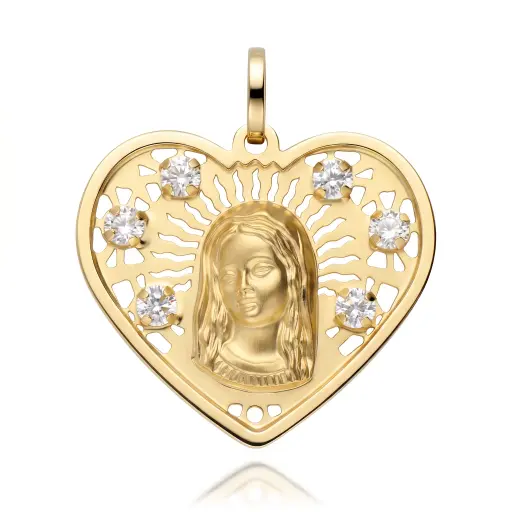 [6576] Medalla Virgen Niña Corazón con Circonitas