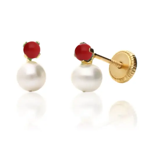 [7421 Coral Perla] Pendientes Tuerca Coral Tu y Yo 