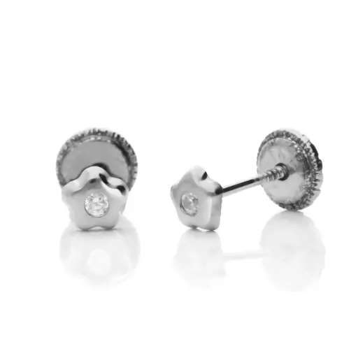 [7700 OBL] Pendientes Tuerca Flor con Circonita Oro Blanco