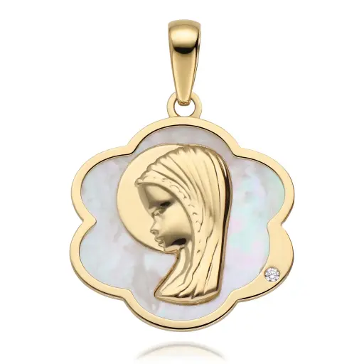 [6083] Medalla Virgen Niña Nácar Flor 